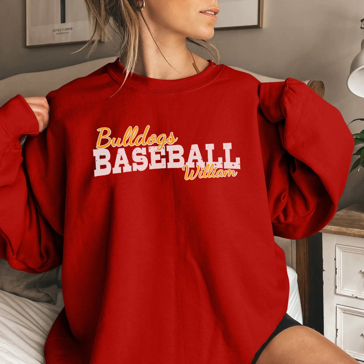 Custom Baseball Mascot and Baseball Player Name on a Sweatshirt with a White Graphic