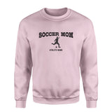 Soccer Mom with Soccer Player Icon and Soccer Player Name on a Sweatshirt with a Black Graphic