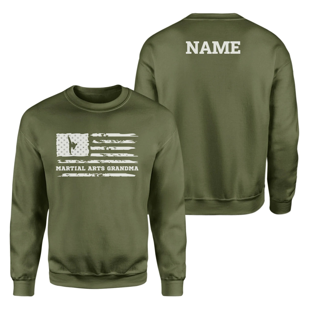 Martial Arts Grandma Horizontal Flag With Martial Artist Name on a Sweatshirt with a White Graphic