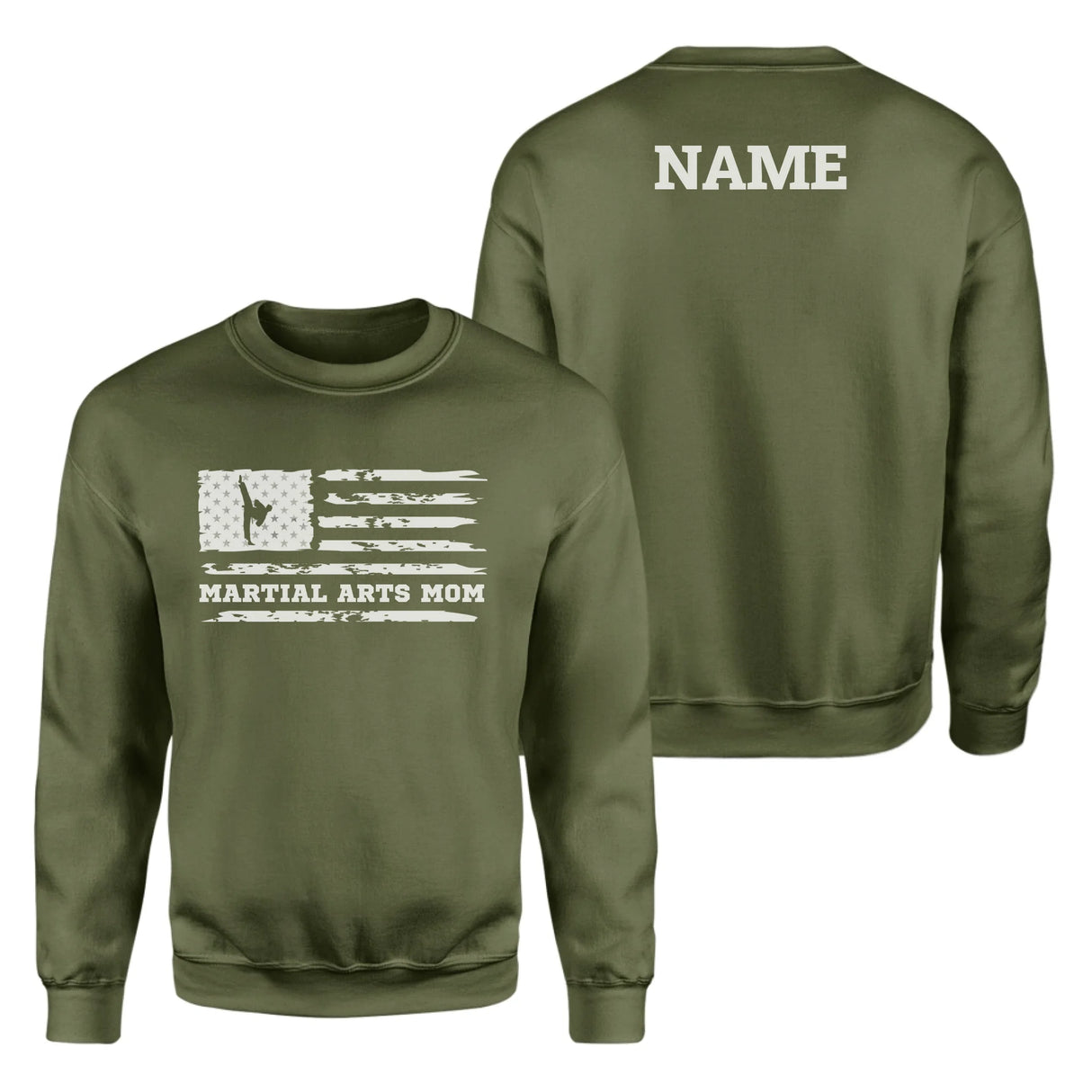 Martial Arts Mom Horizontal Flag With Martial Artist Name on a Sweatshirt with a White Graphic
