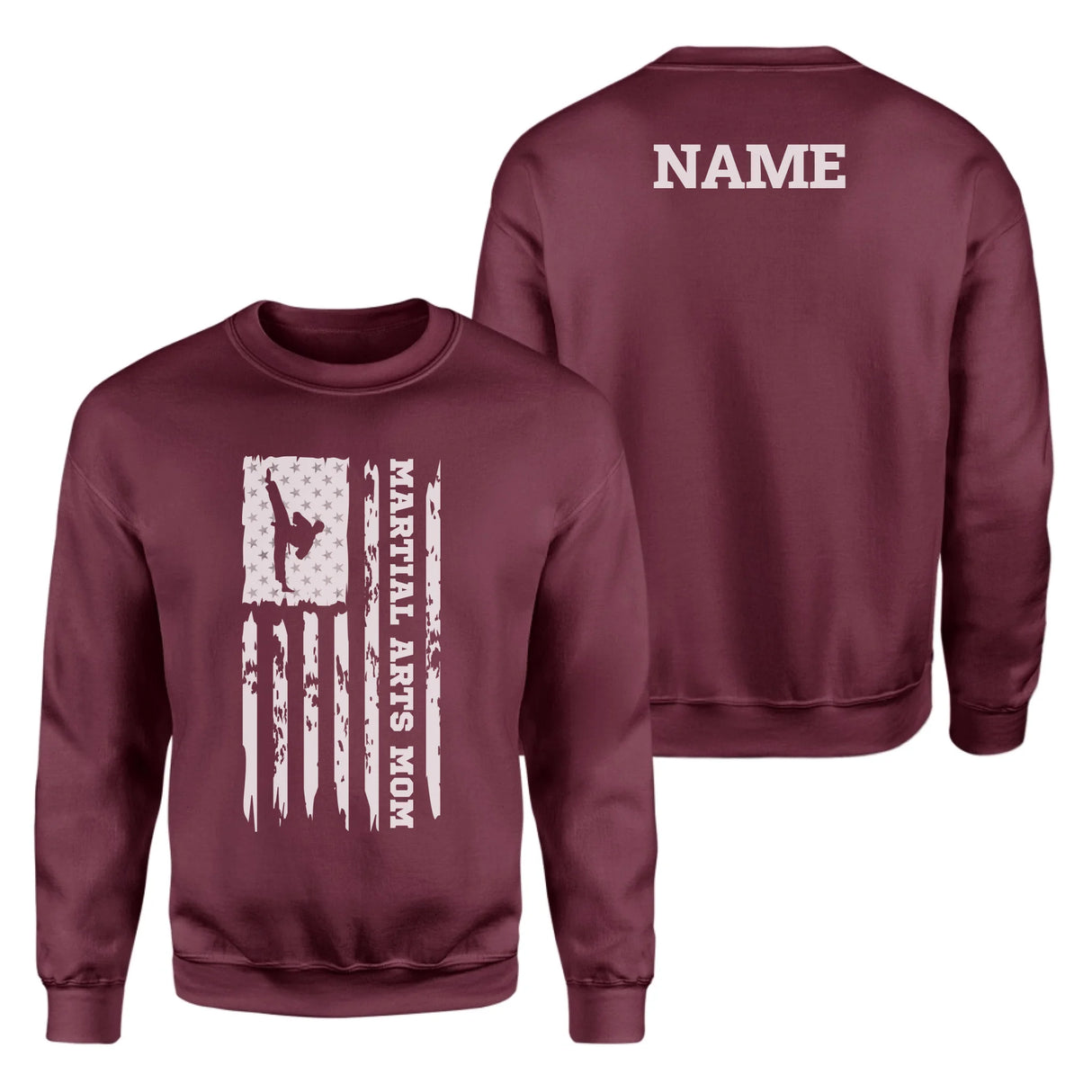 Martial Arts Mom Vertical Flag With Martial Artist Name on a Sweatshirt with a White Graphic