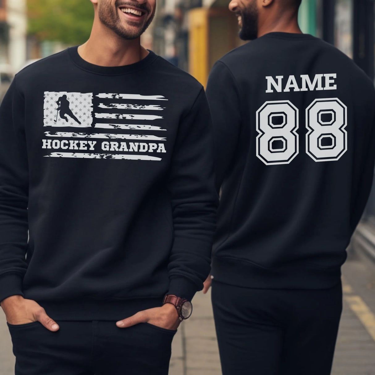 Hockey Grandpa Horizontal Flag With Hockey Player Name on a Sweatshirt with a White Graphic