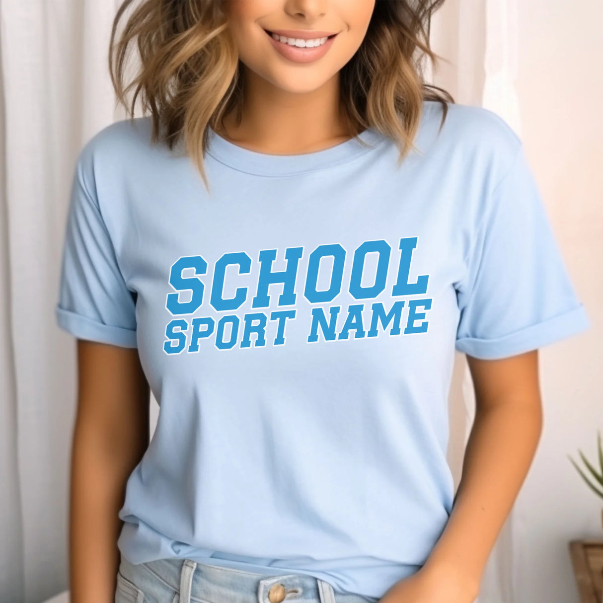 Custom School Spirit Shirt With School and Mascot Name With Slanted Block Varsity Design on a Unisex T-Shirt