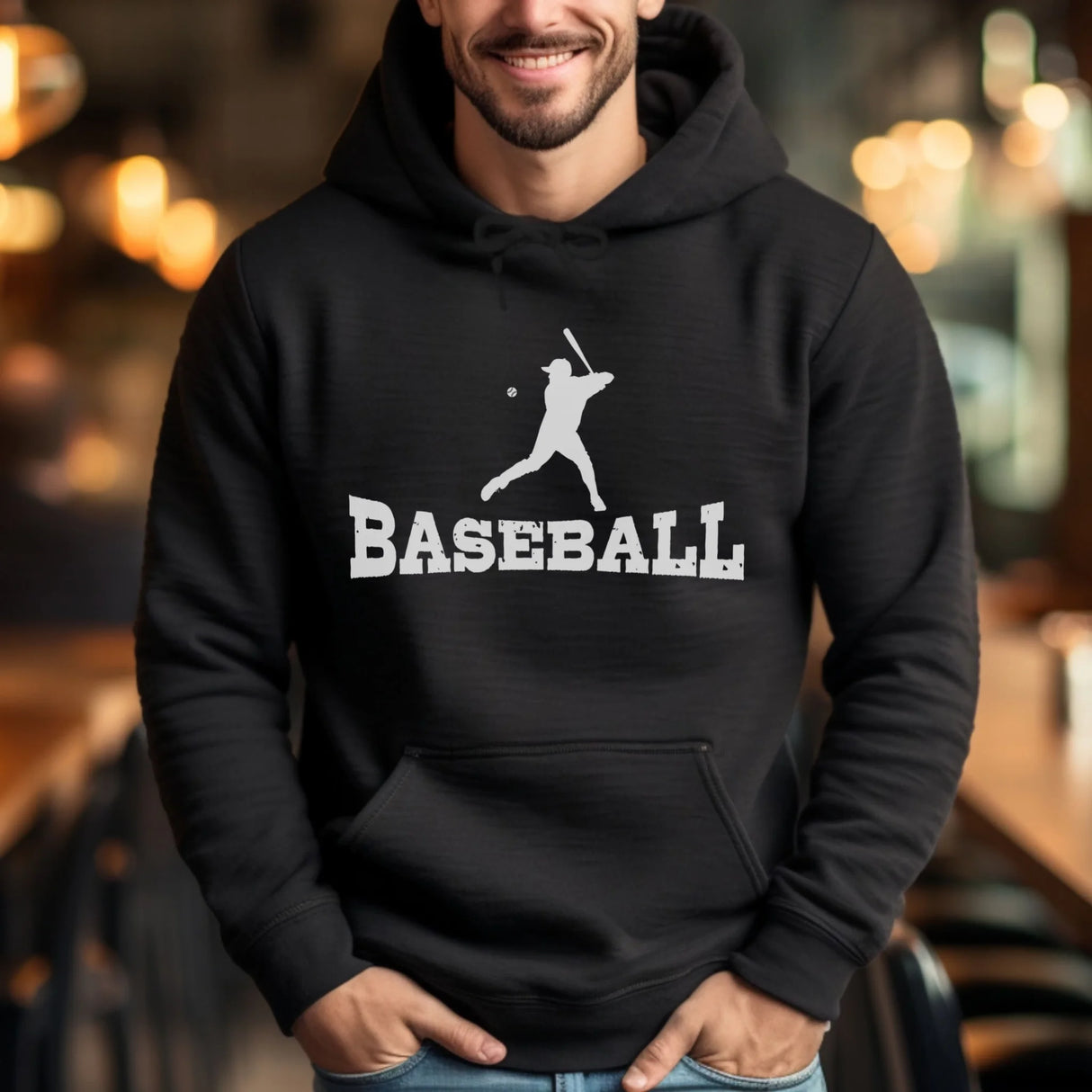 Basic Baseball with Baseball Player Icon on a Hoodie with a White Graphic