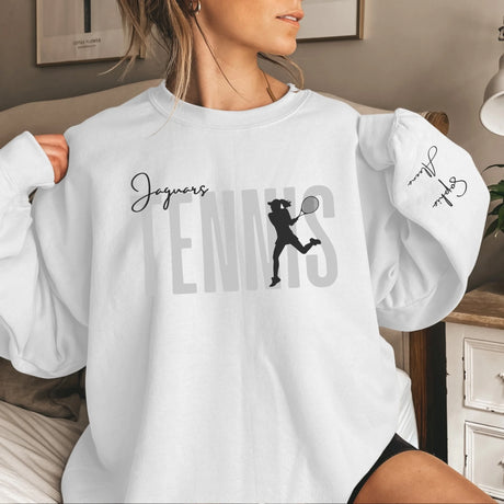 Personalized Tennis on a Sweatshirt With Modern Bold Design and Tennis Player Name on Sleeve on a Sweatshirt