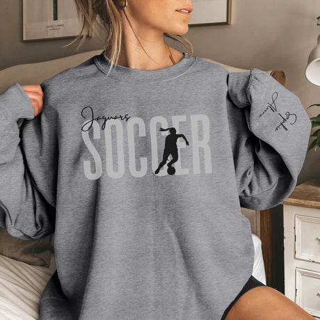 Personalized Soccer on a Sweatshirt With Modern Bold Design and Soccer Player Name on Sleeve on a Sweatshirt