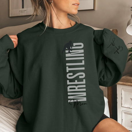 Personalized Wrestling Mom on a Sweatshirt With Mascot, Icon, and Wrestler Name on Sleeve on a Sweatshirt