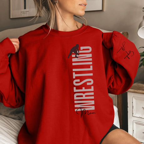 Personalized Wrestling Mom on a Sweatshirt With Mascot, Icon, and Wrestler Name on Sleeve on a Sweatshirt