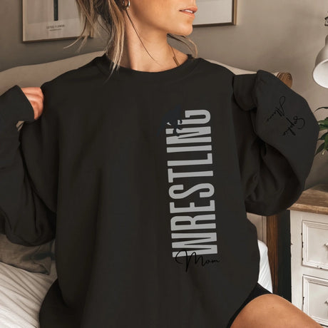Personalized Wrestling Mom on a Sweatshirt With Mascot, Icon, and Wrestler Name on Sleeve on a Sweatshirt