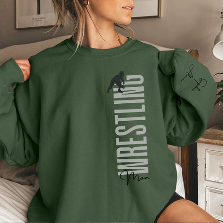 Personalized Wrestling Mom on a Sweatshirt With Mascot, Icon, and Wrestler Name on Sleeve on a Sweatshirt