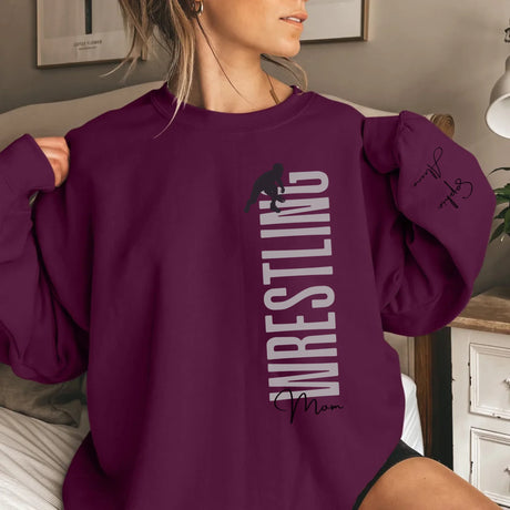 Personalized Wrestling Mom on a Sweatshirt With Mascot, Icon, and Wrestler Name on Sleeve on a Sweatshirt