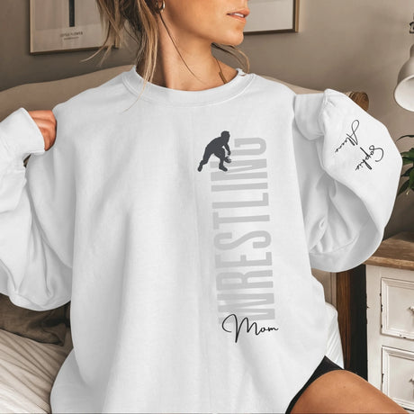 Personalized Wrestling Mom on a Sweatshirt With Mascot, Icon, and Wrestler Name on Sleeve on a Sweatshirt
