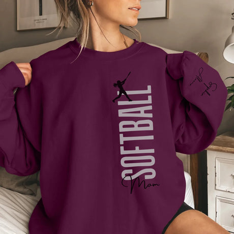 Personalized Softball Mom on a Sweatshirt With Mascot, Icon, and Softball Player Name on Sleeve on a Sweatshirt