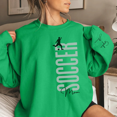 Personalized Soccer Mom on a Sweatshirt With Mascot, Icon, and Soccer Player Name on Sleeve on a Sweatshirt
