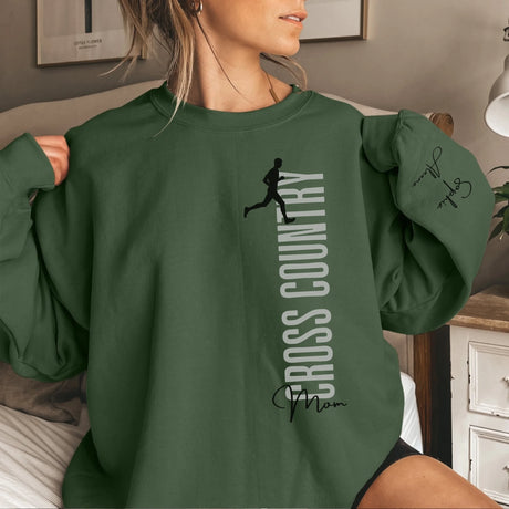 Personalized Cross Country Mom on a Sweatshirt With Mascot, Icon, and Cross Country Runner Name on Sleeve on a Sweatshirt