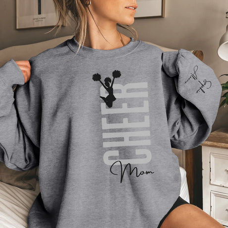 Personalized Cheer Mom on a Sweatshirt With Mascot, Icon, and Cheerleader Name on Sleeve on a Sweatshirt
