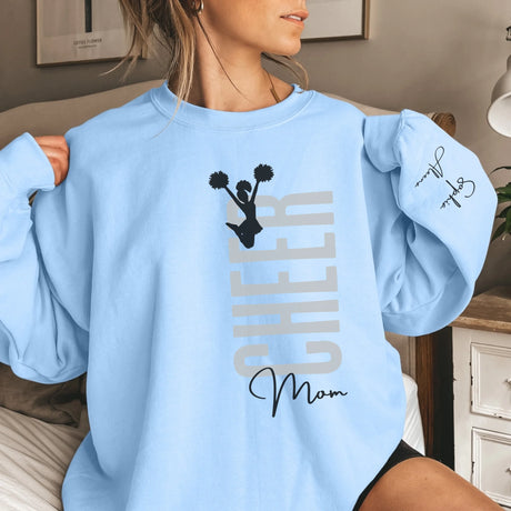 Personalized Cheer Mom on a Sweatshirt With Mascot, Icon, and Cheerleader Name on Sleeve on a Sweatshirt
