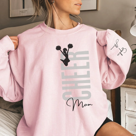 Personalized Cheer Mom on a Sweatshirt With Mascot, Icon, and Cheerleader Name on Sleeve on a Sweatshirt