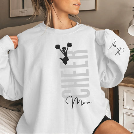 Personalized Cheer Mom on a Sweatshirt With Mascot, Icon, and Cheerleader Name on Sleeve on a Sweatshirt