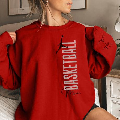Personalized Basketball Mom on a Sweatshirt With Mascot, Icon, and Basketball Player Name on Sleeve on a Sweatshirt