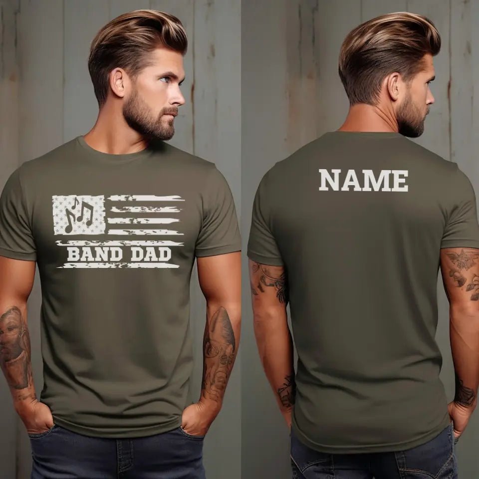 Band Dad Horizontal Flag With Musician Name on a Men's T-Shirt with a White Graphic