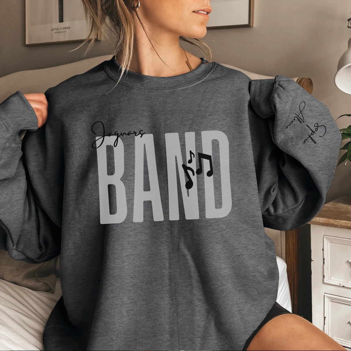 Personalized Band on a Sweatshirt With Modern Bold Design and Musician Name on Sleeve on a Sweatshirt