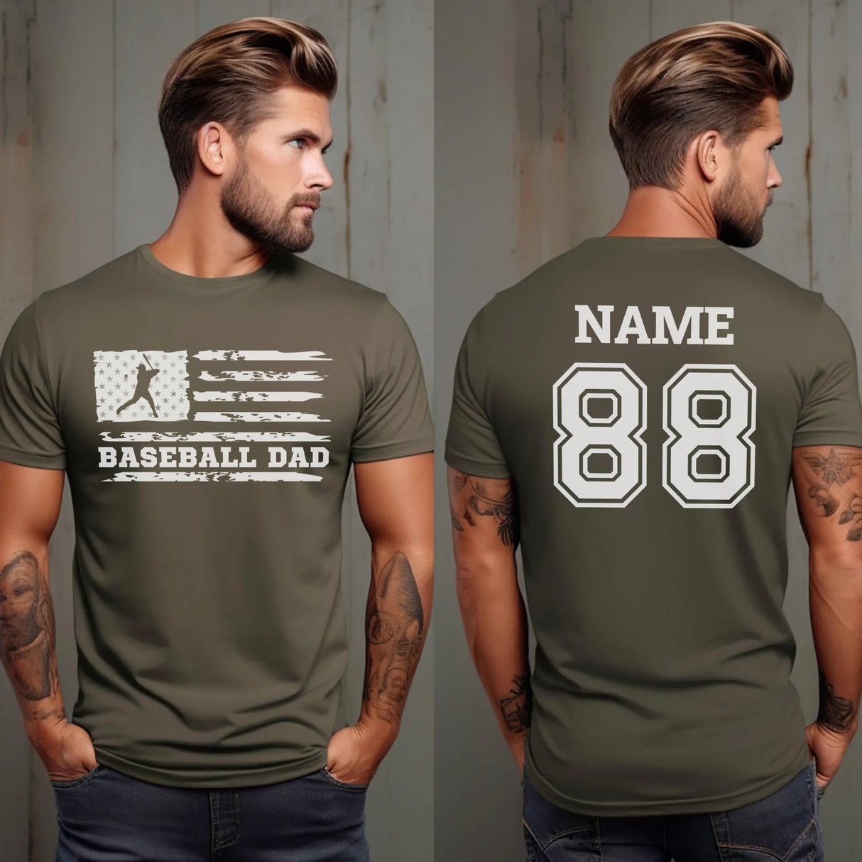 Baseball Dad Horizontal Flag With Baseball Player Name on a Men's T-Shirt with a White Graphic