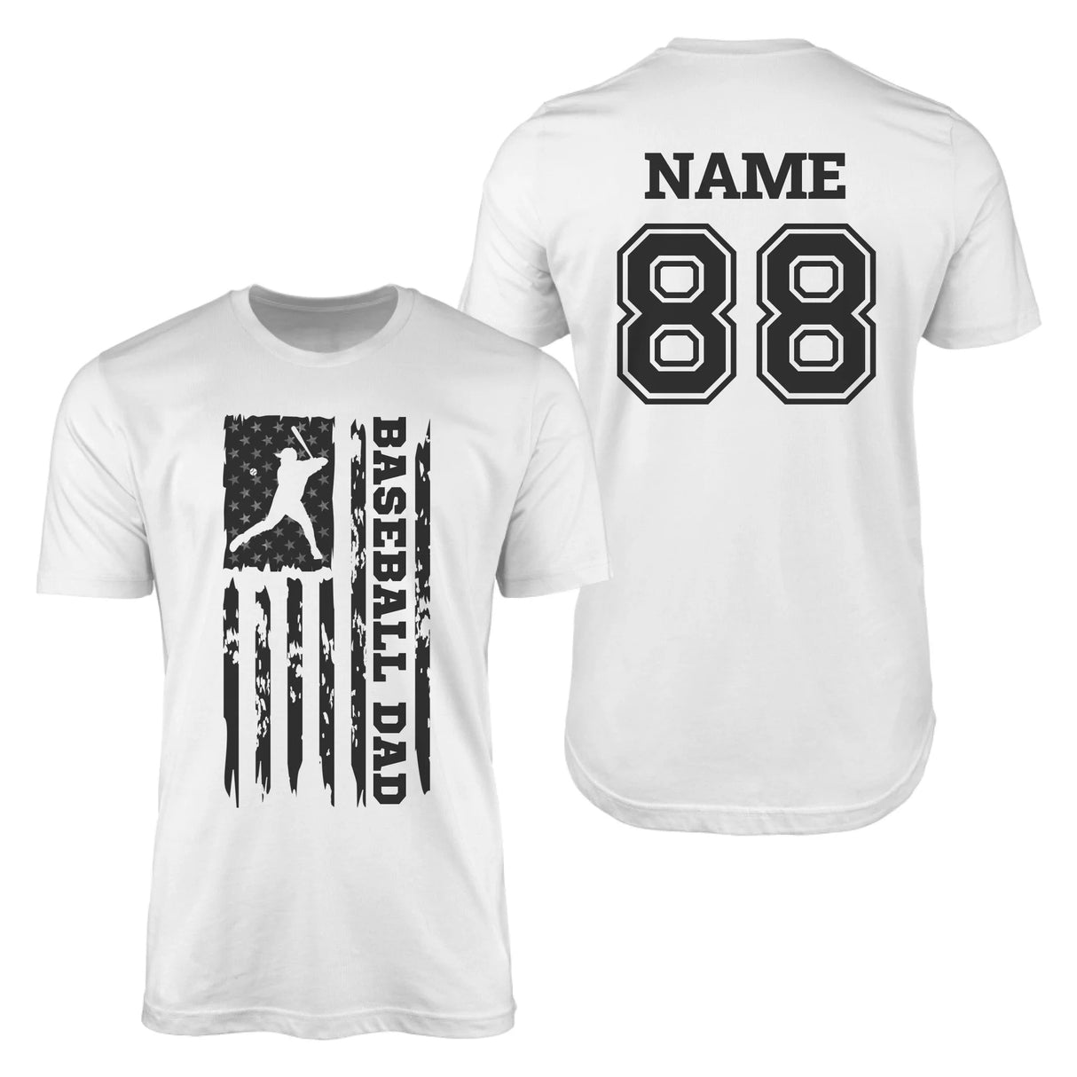 Baseball Dad Vertical Flag With Baseball Player Name on a Men's T-Shirt with a Black Graphic