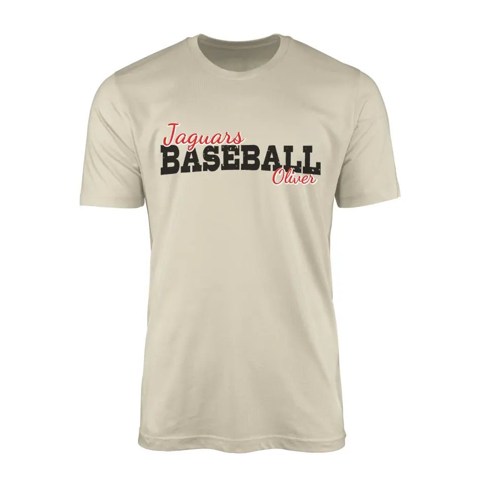 Custom Baseball Mascot and Baseball Player Name on a Men's T-Shirt with a Black Graphic