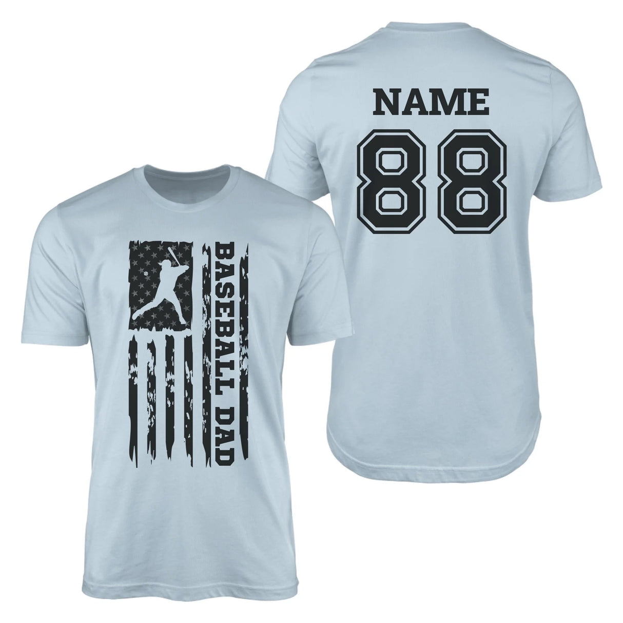 Baseball Dad Vertical Flag With Baseball Player Name on a Men's T-Shirt with a Black Graphic