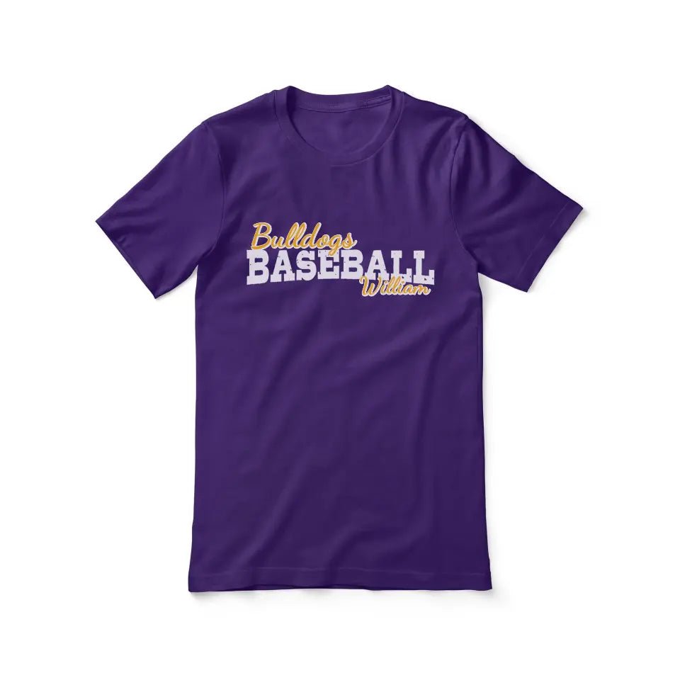 Custom Baseball Mascot and Baseball Player Name on a Unisex T-Shirt with a White Graphic