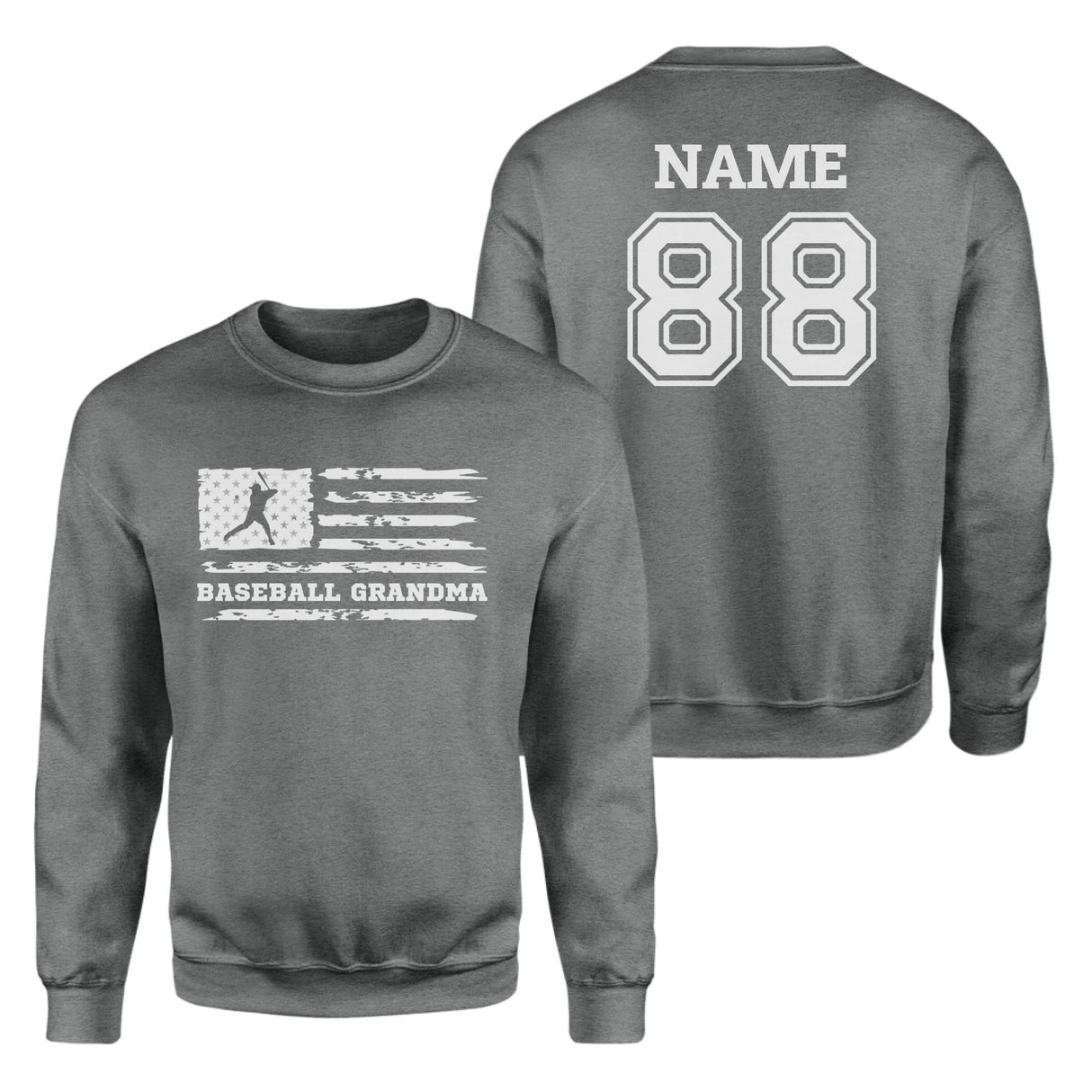 Baseball Grandma Horizontal Flag With Baseball Player Name on a Sweatshirt with a White Graphic