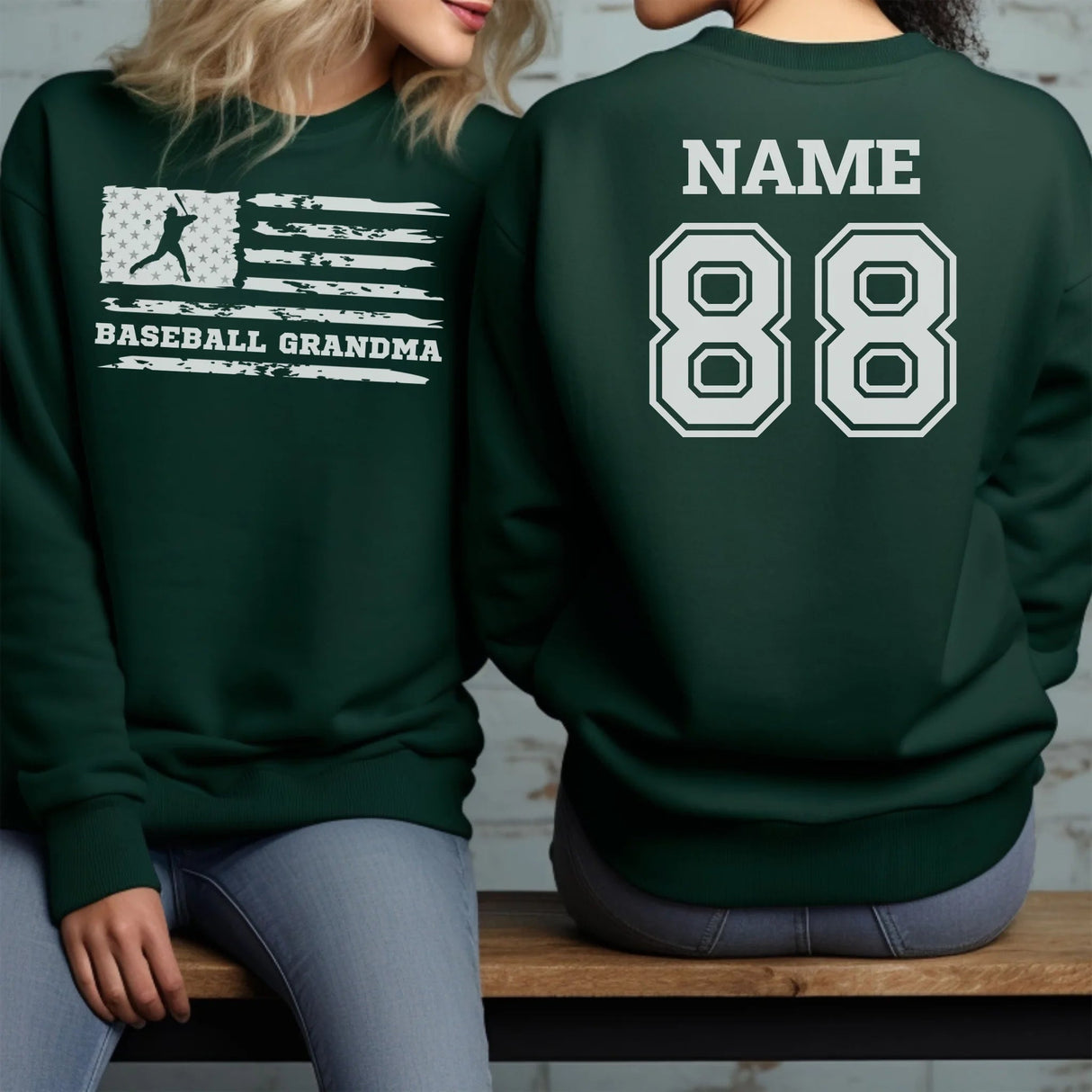 Baseball Grandma Horizontal Flag With Baseball Player Name on a Sweatshirt with a White Graphic