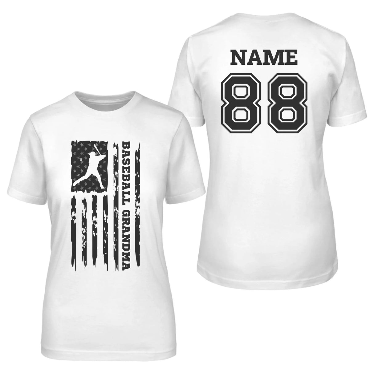 Baseball Grandma Vertical Flag With Baseball Player Name on a Unisex T-Shirt with a Black Graphic