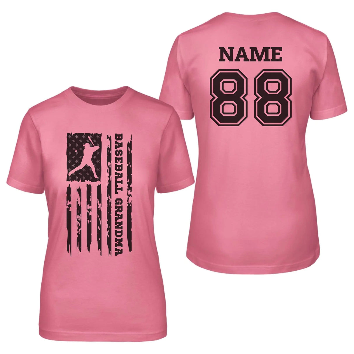 Baseball Grandma Vertical Flag With Baseball Player Name on a Unisex T-Shirt with a Black Graphic