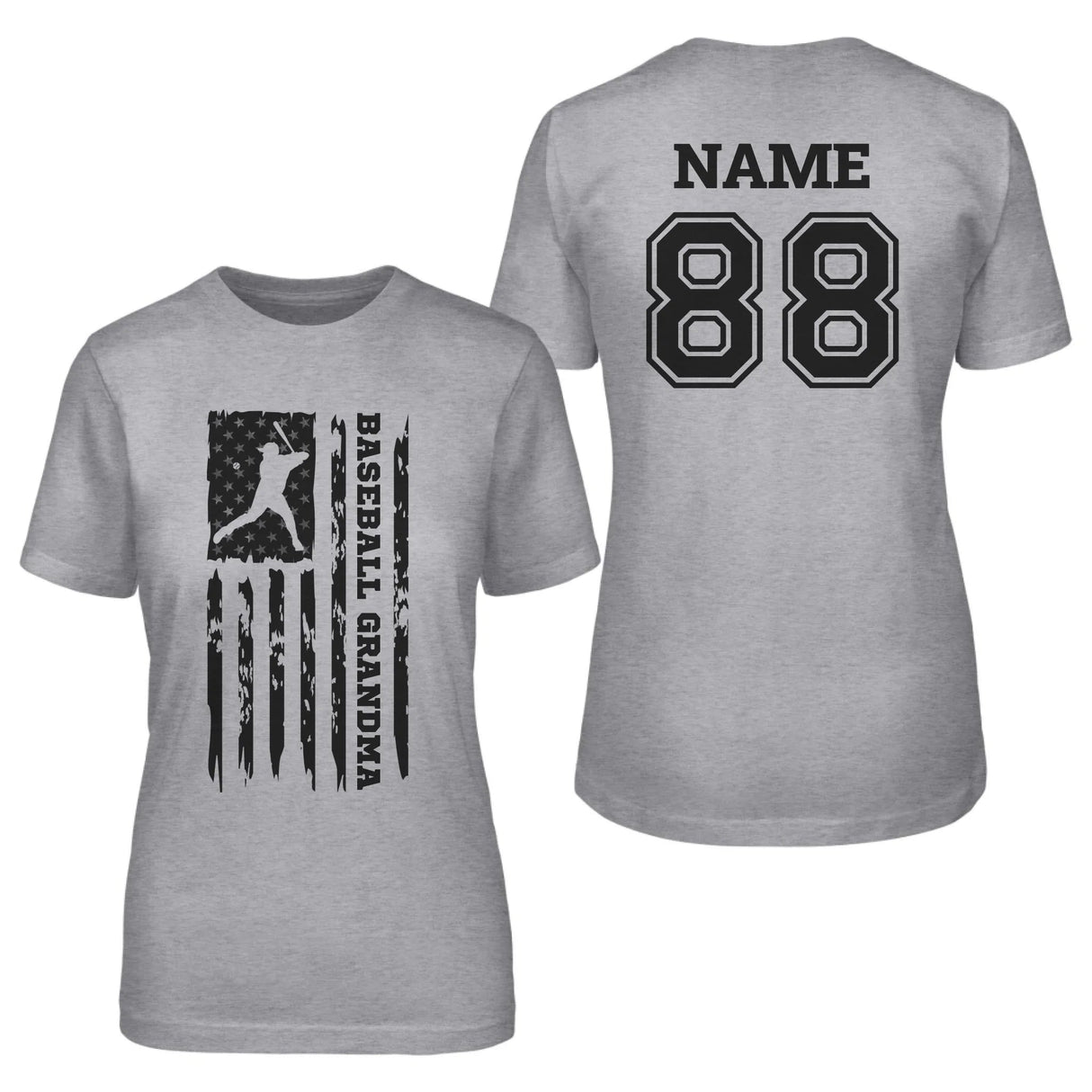 Baseball Grandma Vertical Flag With Baseball Player Name on a Unisex T-Shirt with a Black Graphic