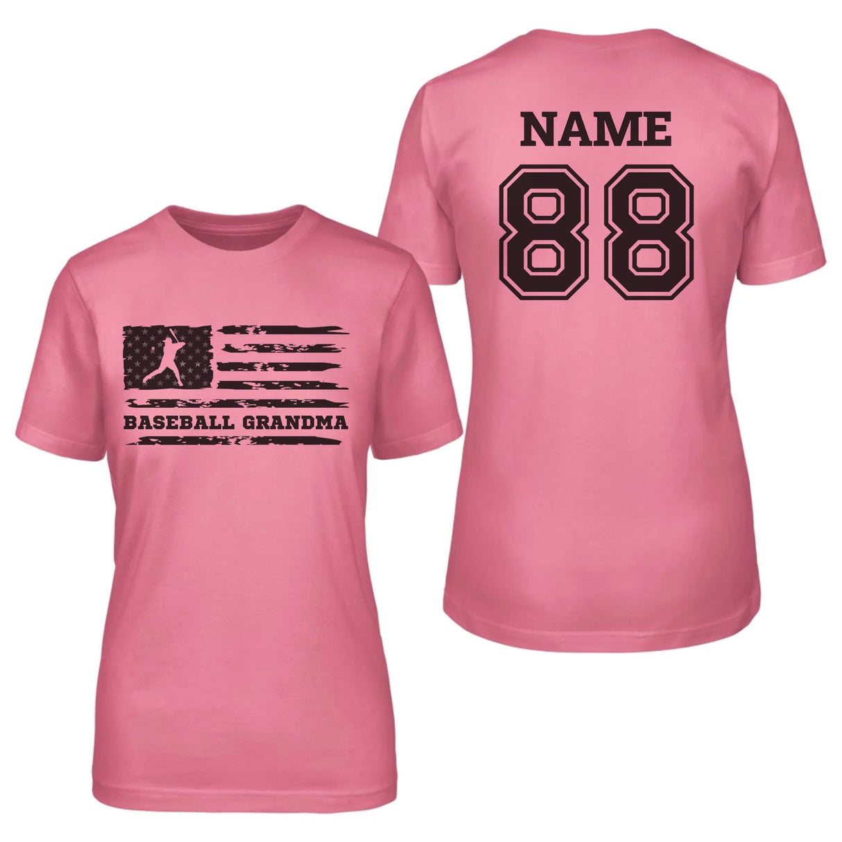 Baseball Grandma Horizontal Flag With Baseball Player Name on a Unisex T-Shirt with a Black Graphic