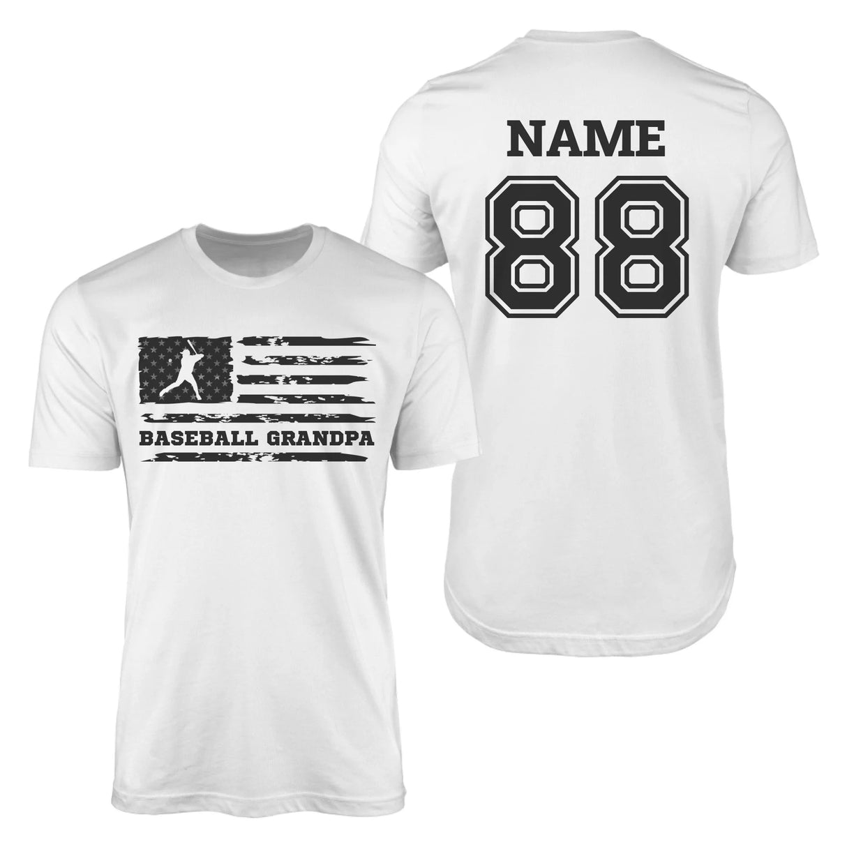 Baseball Grandpa Horizontal Flag With Baseball Player Name on a Men's T-Shirt with a Black Graphic