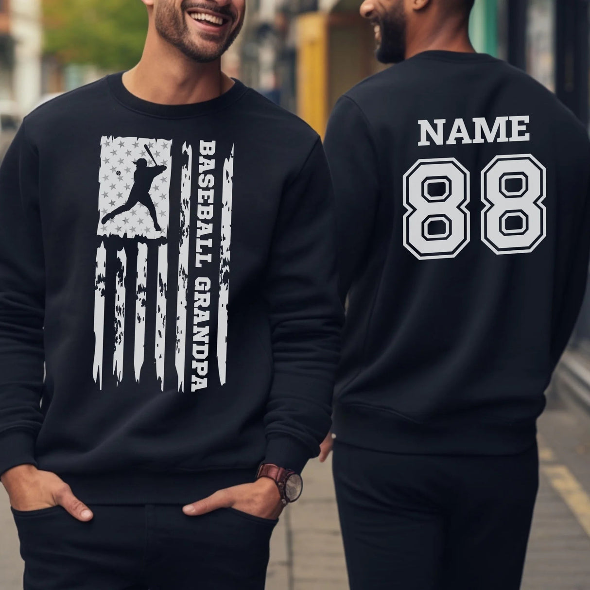 Baseball Grandpa Vertical Flag With Baseball Player Name on a Sweatshirt with a White Graphic