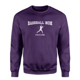 Baseball Mom with Baseball Player Icon and Baseball Player Name on a Sweatshirt with a White Graphic