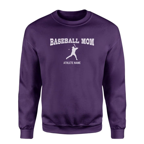 Baseball Mom with Baseball Player Icon and Baseball Player Name on a Sweatshirt with a White Graphic