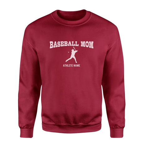 Baseball Mom with Baseball Player Icon and Baseball Player Name on a Sweatshirt with a White Graphic