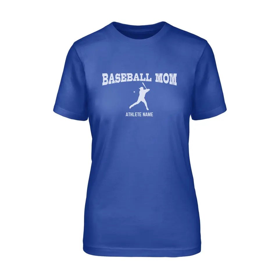 Baseball Mom with Baseball Player Icon and Baseball Player Name on a Unisex T-Shirt with a White Graphic