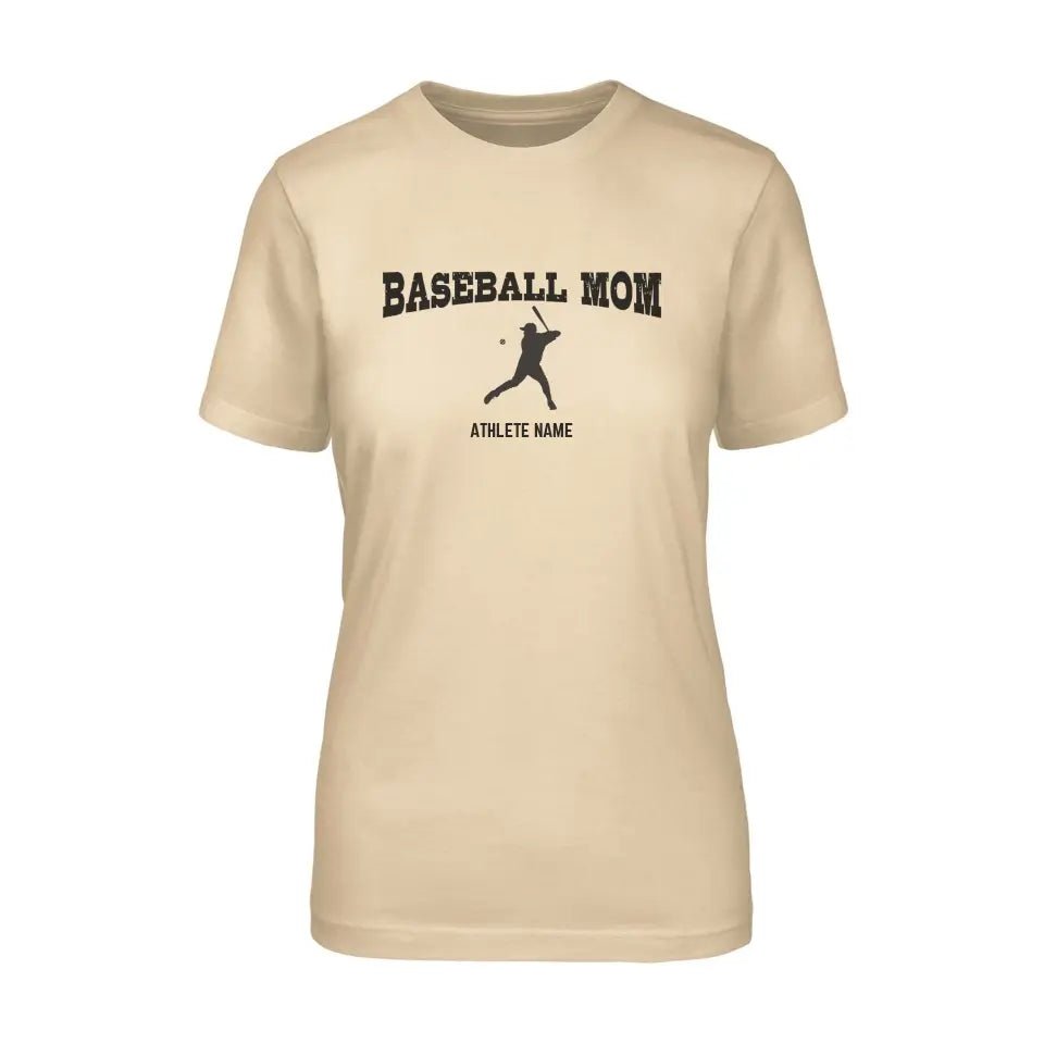 Baseball Mom with Baseball Player Icon and Baseball Player Name on a Unisex T-Shirt with a Black Graphic