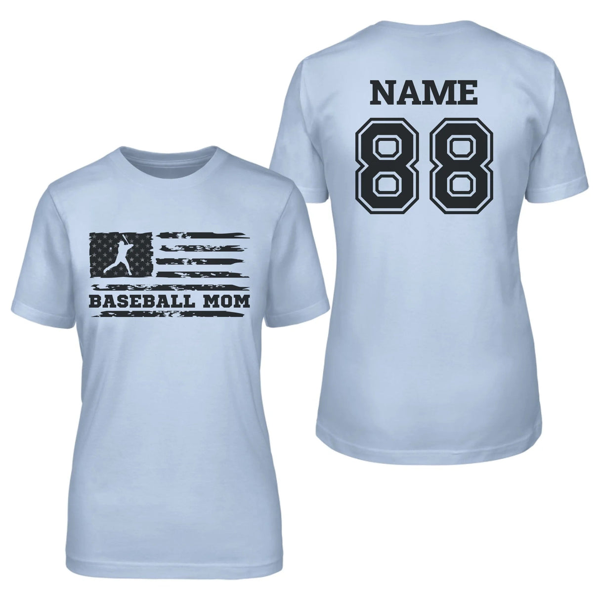 Baseball Mom Horizontal Flag With Baseball Player Name on a Unisex T-Shirt with a Black Graphic