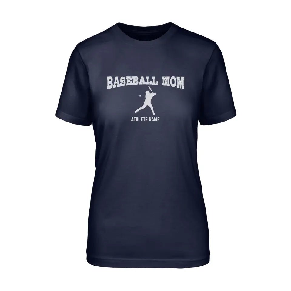 Baseball Mom with Baseball Player Icon and Baseball Player Name on a Unisex T-Shirt with a White Graphic