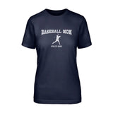 Baseball Mom with Baseball Player Icon and Baseball Player Name on a Unisex T-Shirt with a White Graphic