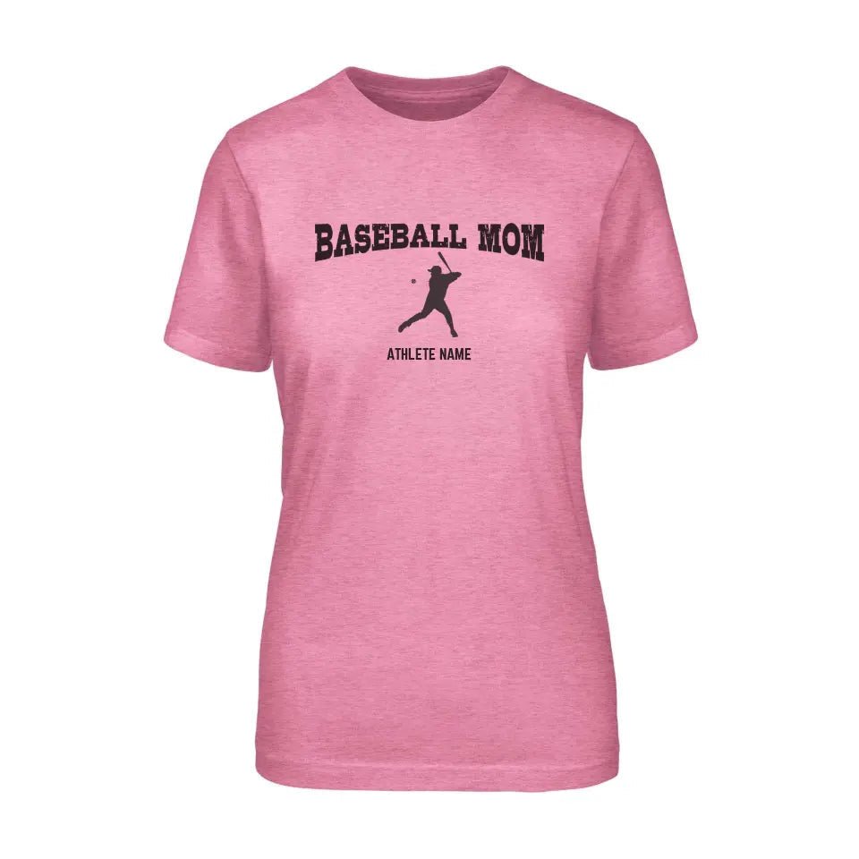 Baseball Mom with Baseball Player Icon and Baseball Player Name on a Unisex T-Shirt with a Black Graphic