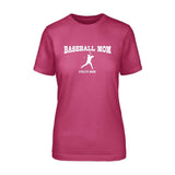 Baseball Mom with Baseball Player Icon and Baseball Player Name on a Unisex T-Shirt with a White Graphic