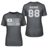 Baseball Mom Horizontal Flag With Baseball Player Name on a Unisex T-Shirt with a White Graphic